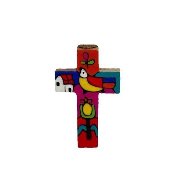 El Salvador Painted Wooden Cross La Palma Small Pendant Jewelry Bird Flower - Picture 1 of 3